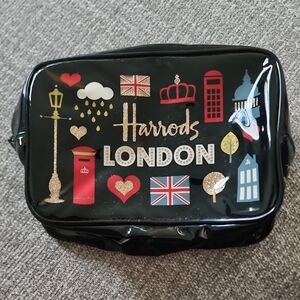 Harrods London Icon Cosmetic Bag Black Vinyl Travel Makeup Pouch UK